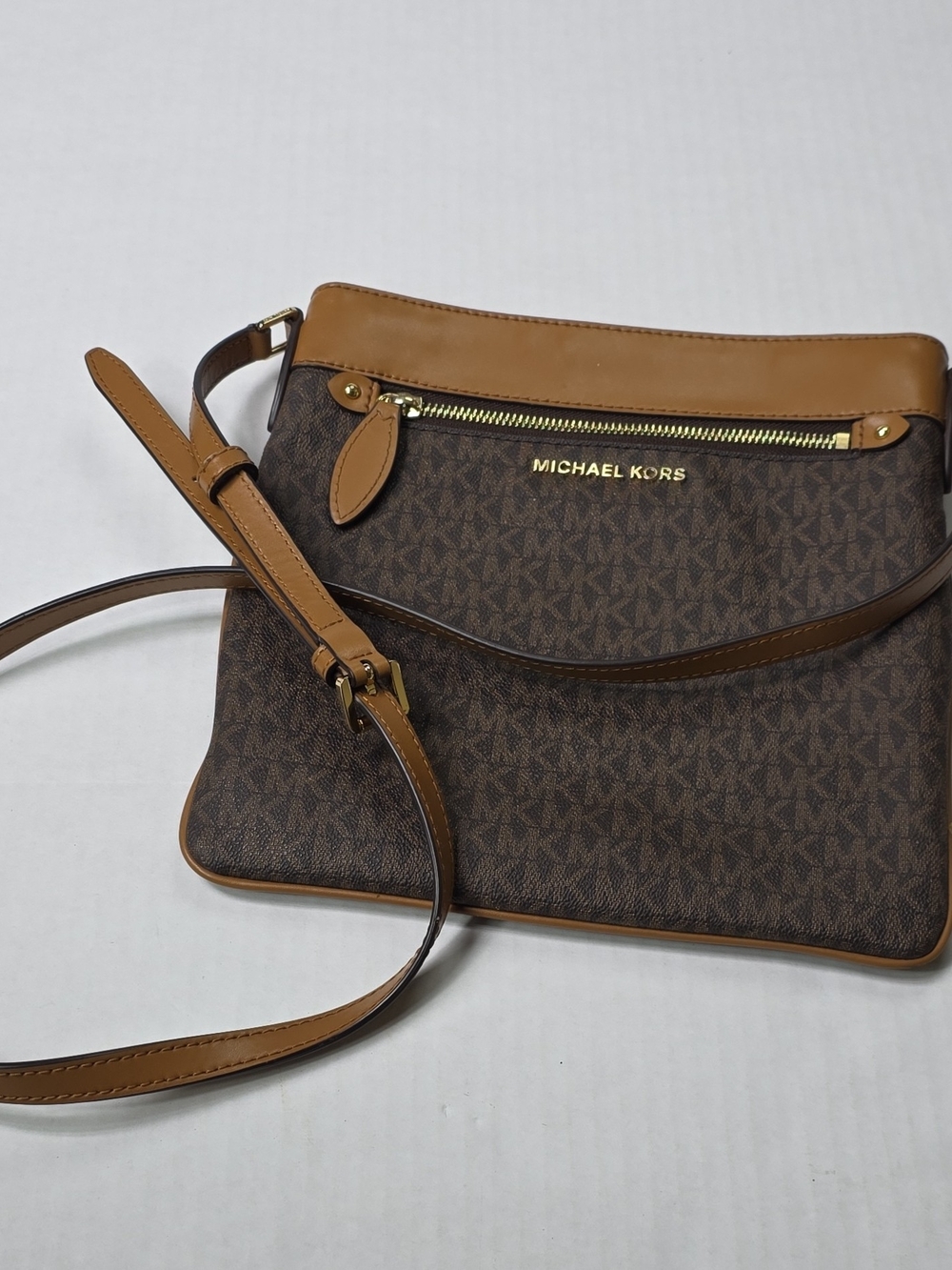 Michael Kors Brown MK Logo Crossbody with Tan Trim and Gold Hardware